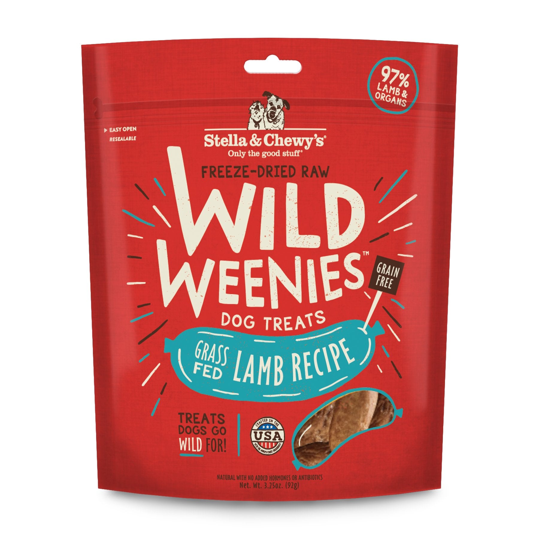 Stella & Chewy's Wild Weenies bag front, USA-made training treats for rewarding sessions.