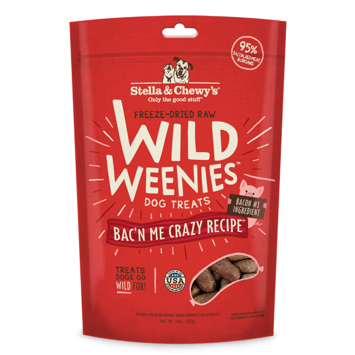 Stella & Chewy's Wild Weenies bag front shows high-protein bacon recipe for dogs.