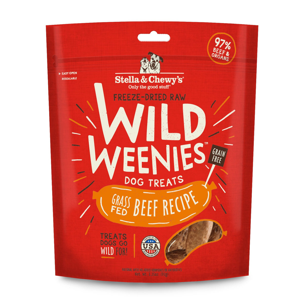 Pack shot of Stella & Chewy's Wild Weenies, USA-made training rewards.