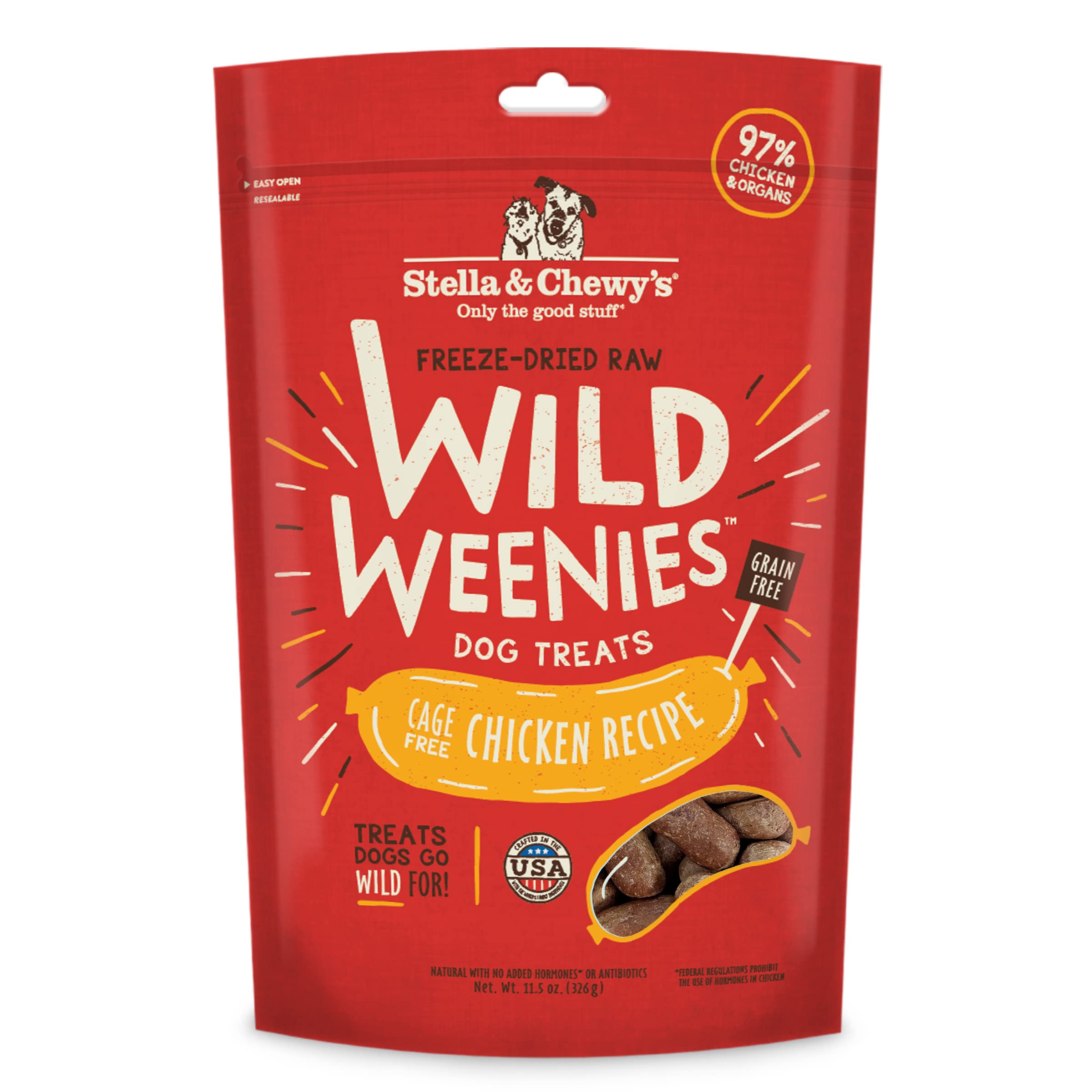 Stella Chewys Wild Weenies package front shows USA-made, high-protein treats for training.