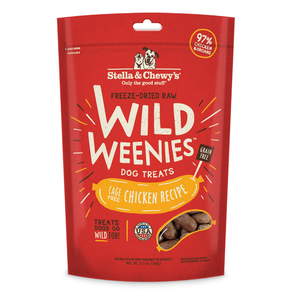 Stella Chewys Wild Weenies package front shows USA-made, high-protein treats for training.