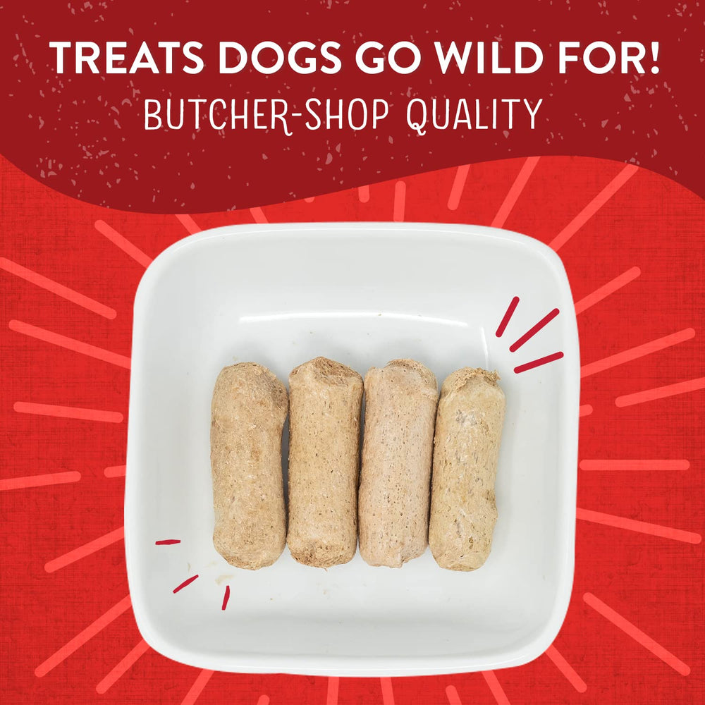 Wild Weenies raw-tray close-up highlights 95% meat blend and recognizable texture.