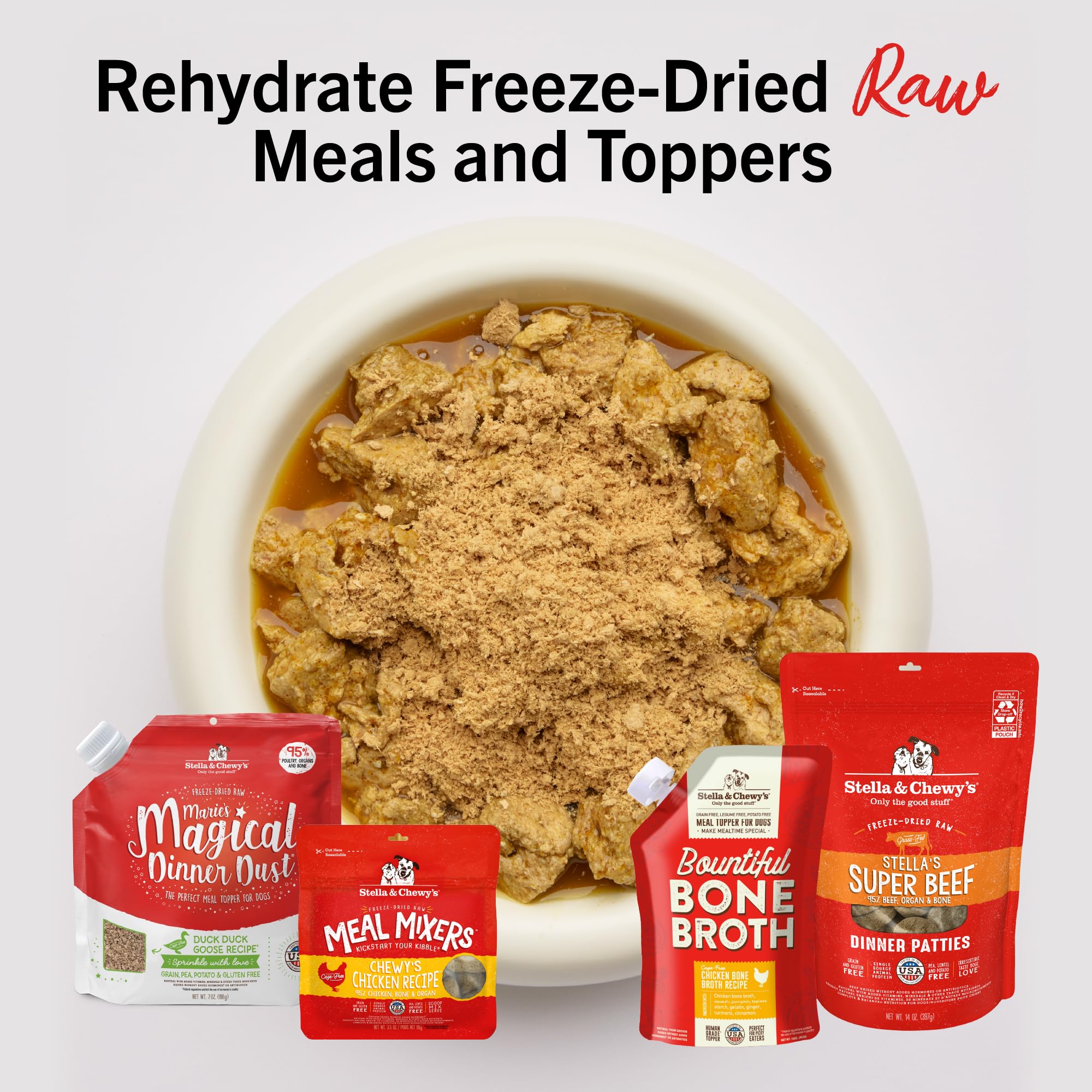 Stella & Chewy's bone broth adds moisture to meals for easier feeding