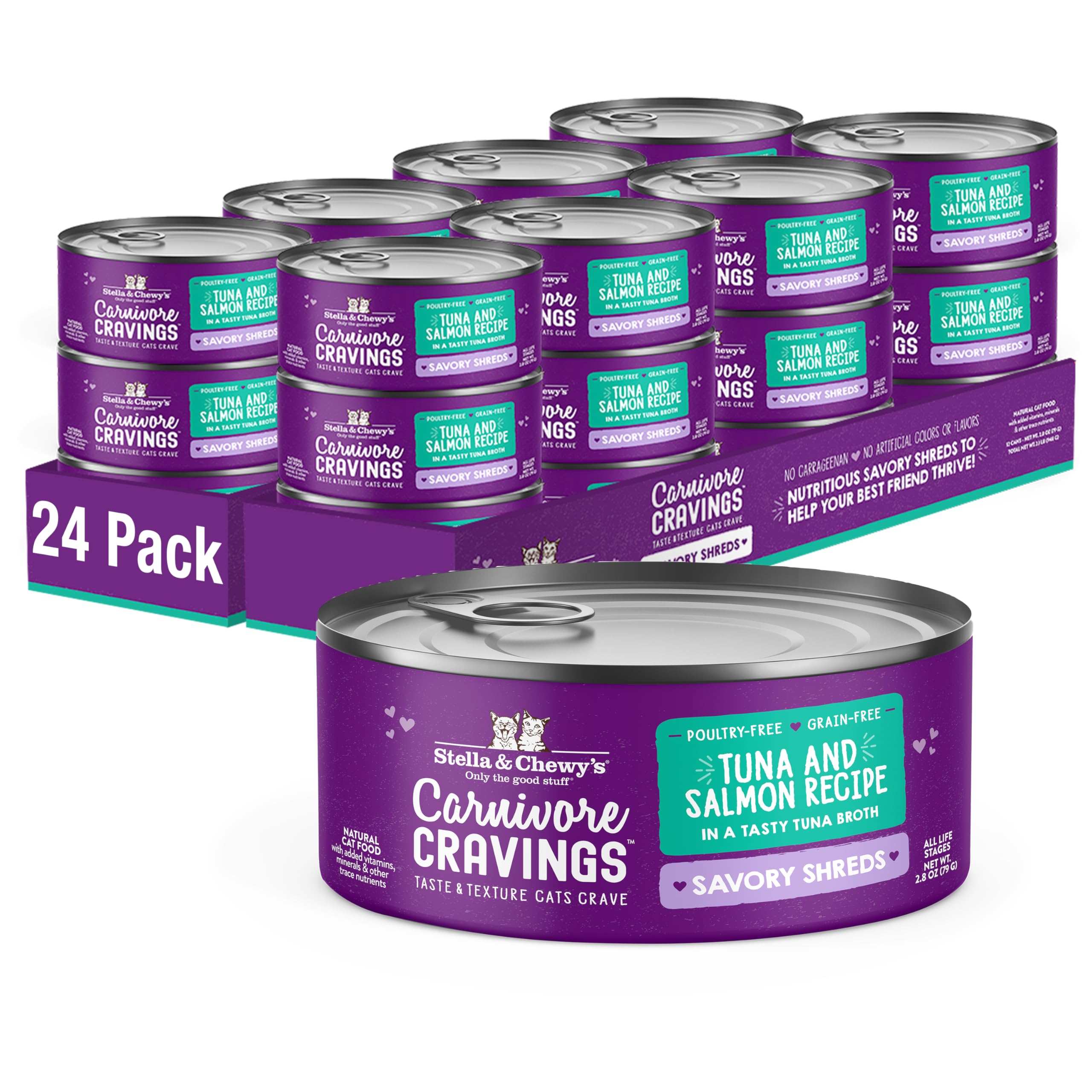 Stella & Chewy's Savory Shreds cans, grain-free and protein-rich meals.