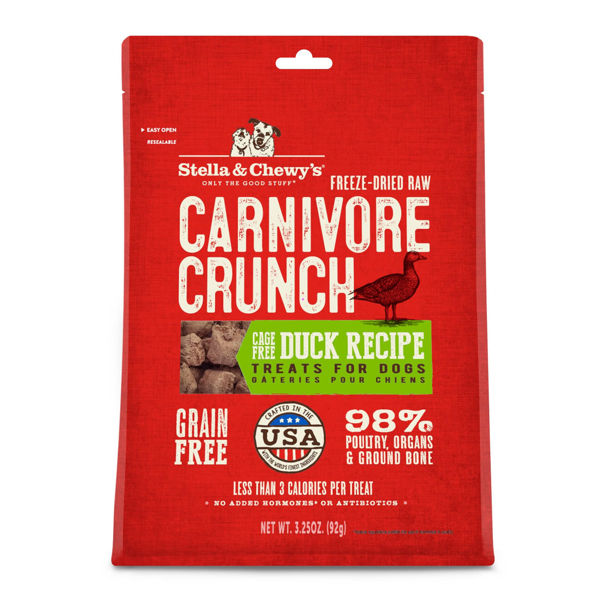 Stella & Chewy's freeze-dried duck treat front view, shelf-stable and flavorful for training.