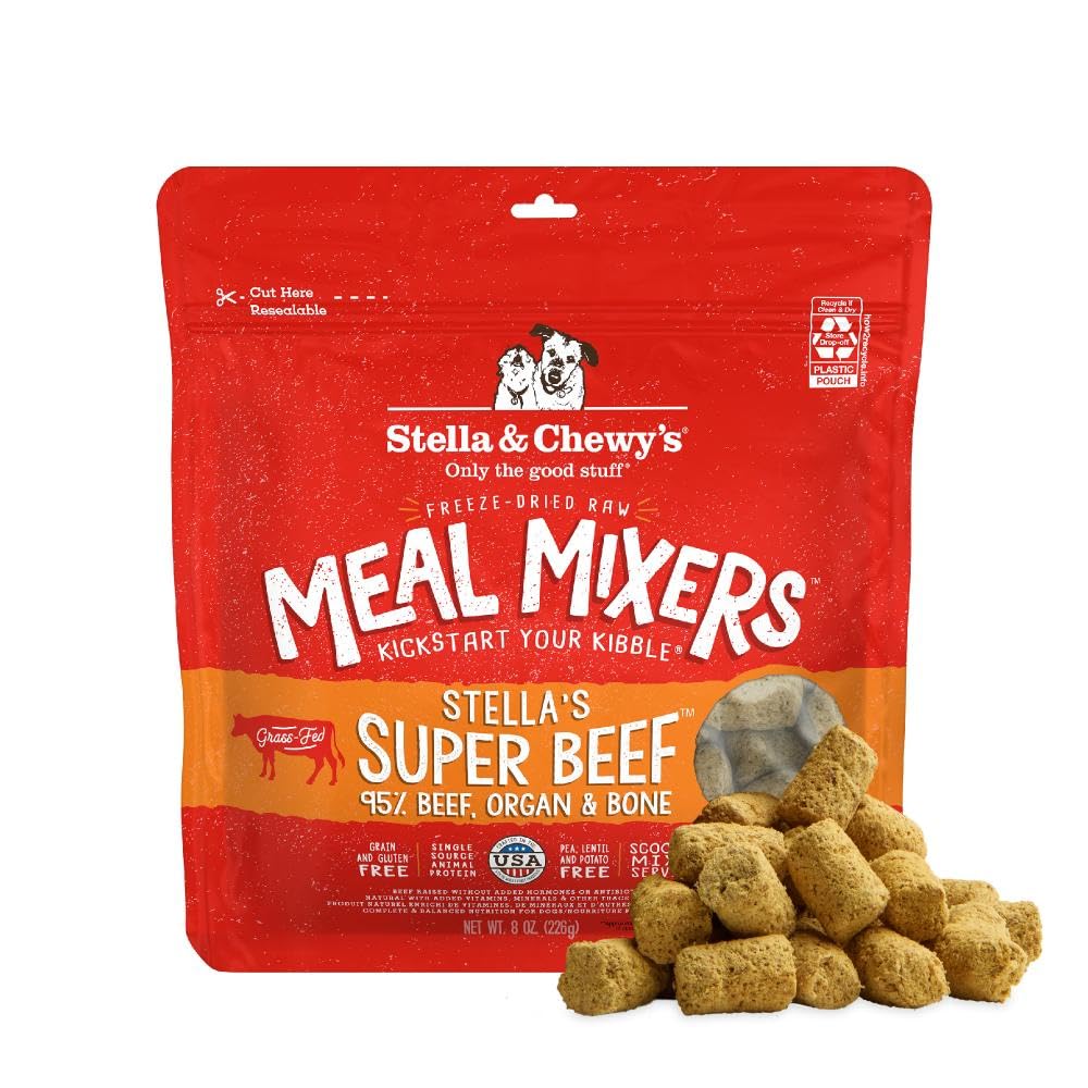 Stella & Chewy's packaging showcases freeze-dried mixers, convenient topper for daily meals.