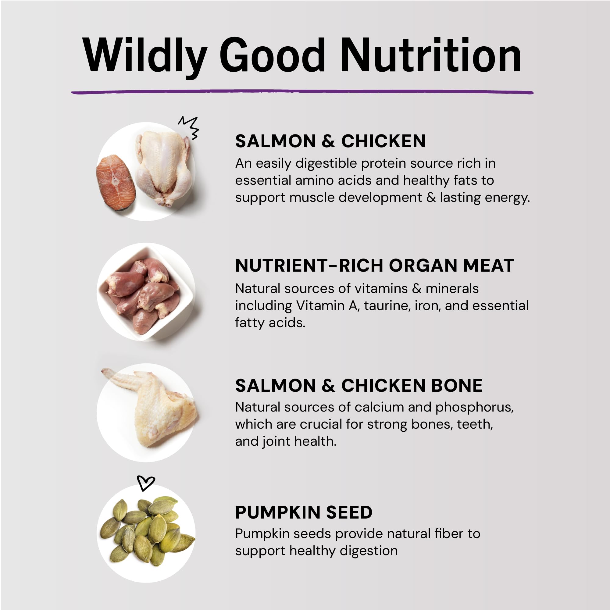 Close-up of 98% wild-caught salmon and cage-free chicken ingredients.
