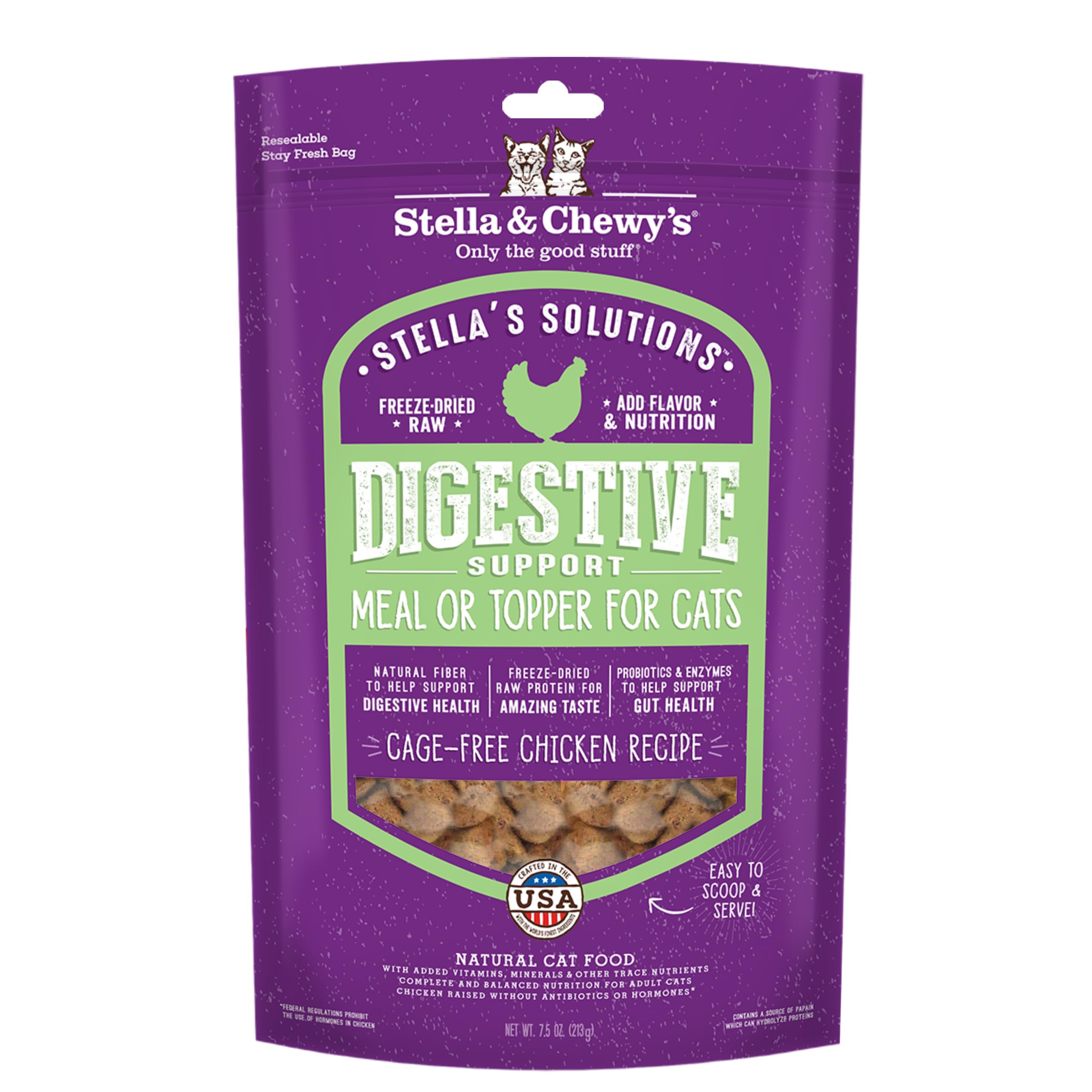 Stella's Solutions Digestive Boost cat food bag front view highlighting protein-rich formula