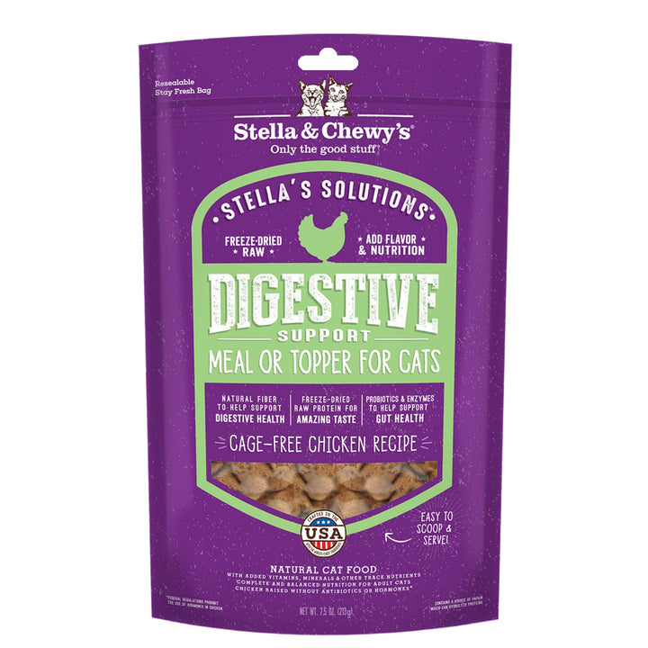Stella's Solutions Digestive Boost cat food bag front view highlighting protein-rich formula