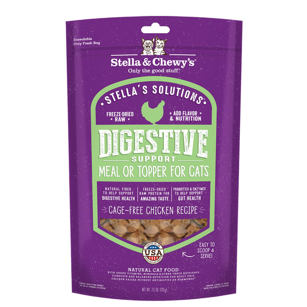 Stella's Solutions Digestive Boost cat food bag front view highlighting protein-rich formula