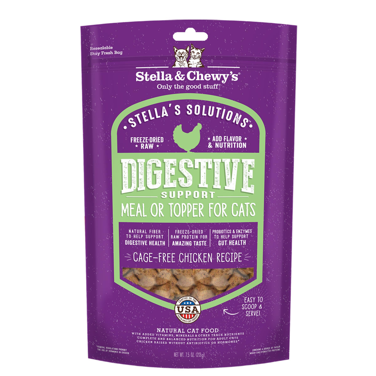 Stella's Solutions Digestive Boost cat food bag front view highlighting protein-rich formula