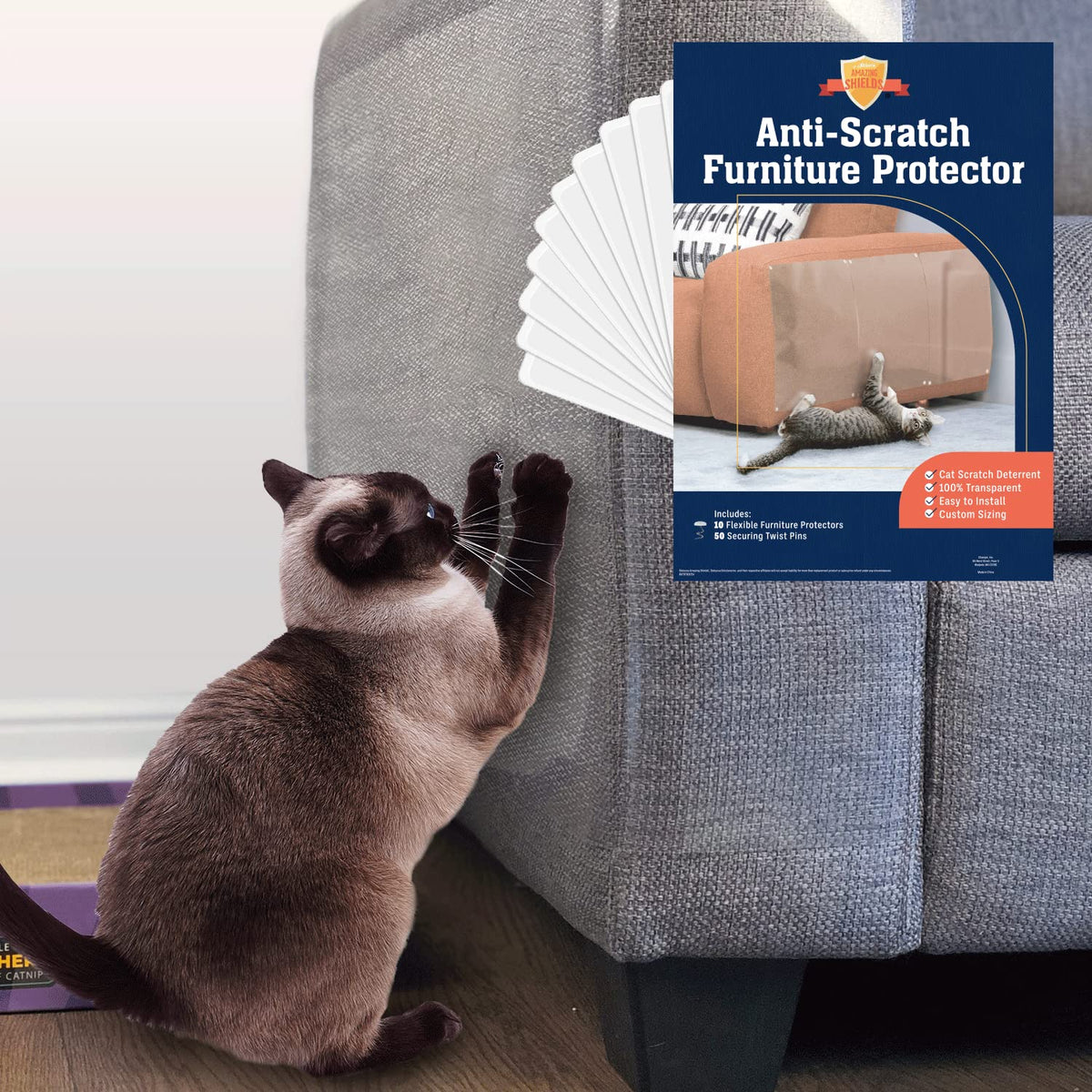 Stelucca Amazing Shields 10-pack XL cat scratch protector on sofa deters claws