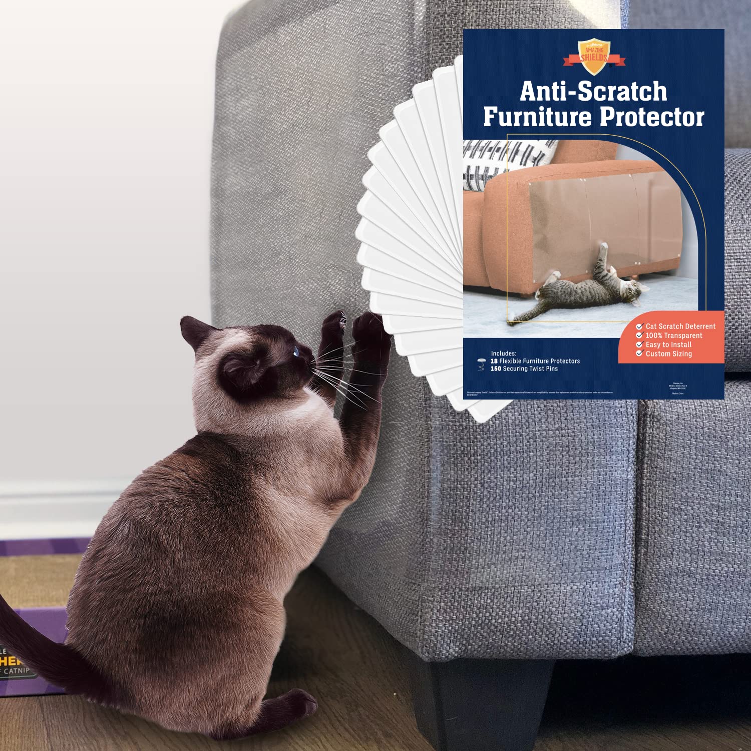 Stelucca Amazing Shields clear couch protector shields fabric from cat scratches while remaining nearly invisible.