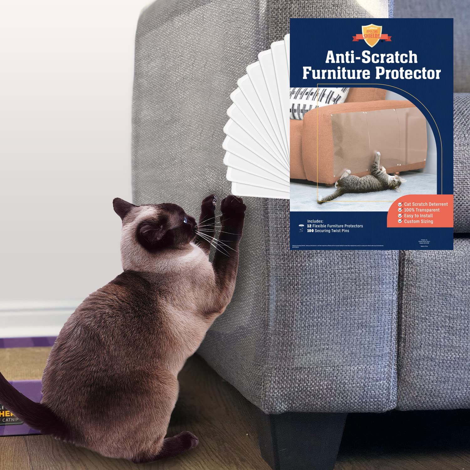 Stelucca Amazing Shields XL protector applied on sofa to deter cat claws