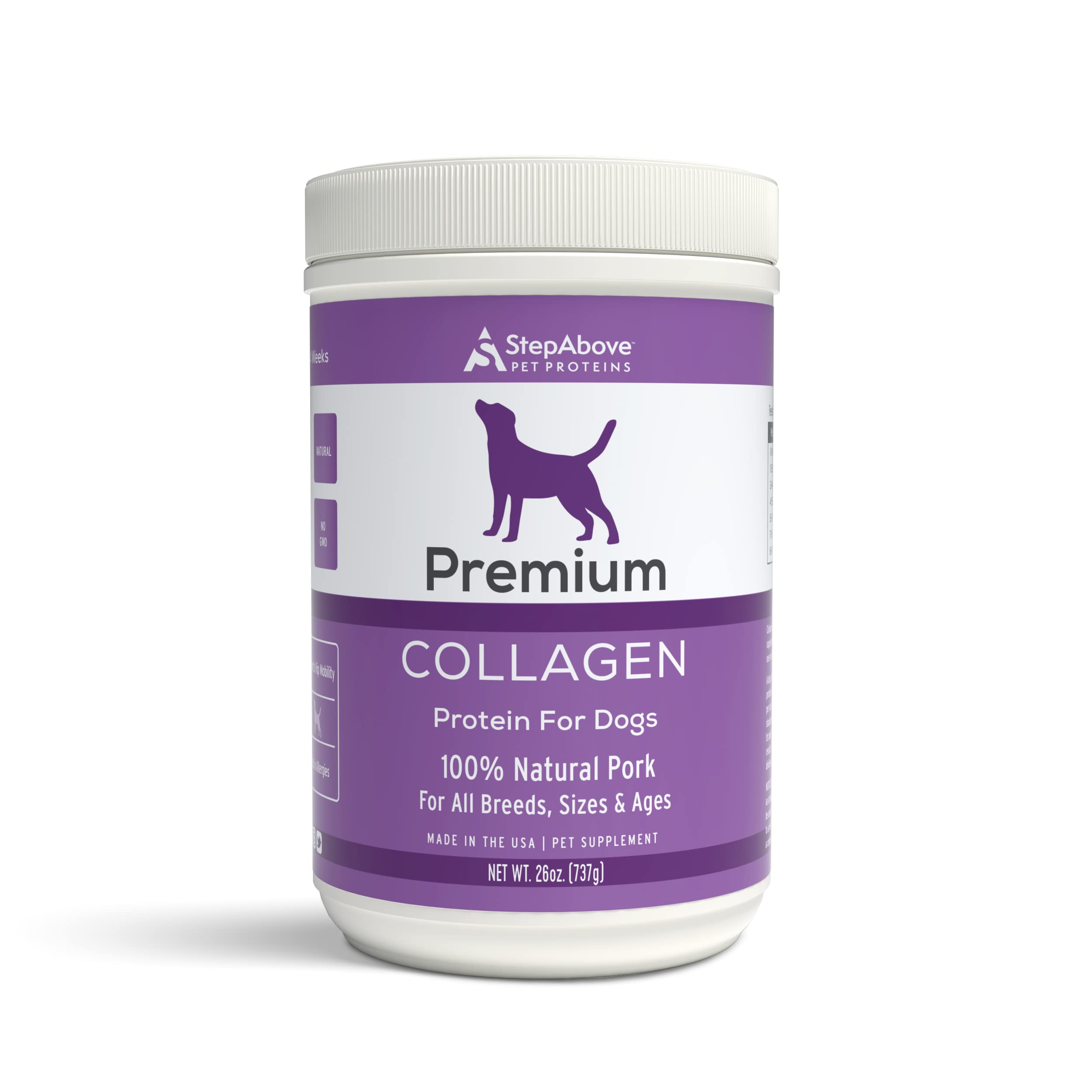 Step Above Proteins dog collagen bottle shown for convenient joint support.