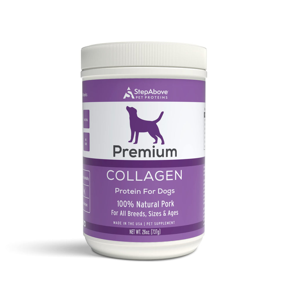 Step Above Proteins dog collagen bottle shown for convenient joint support.