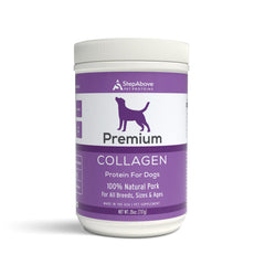Step Above Proteins dog collagen bottle shown for convenient joint support.