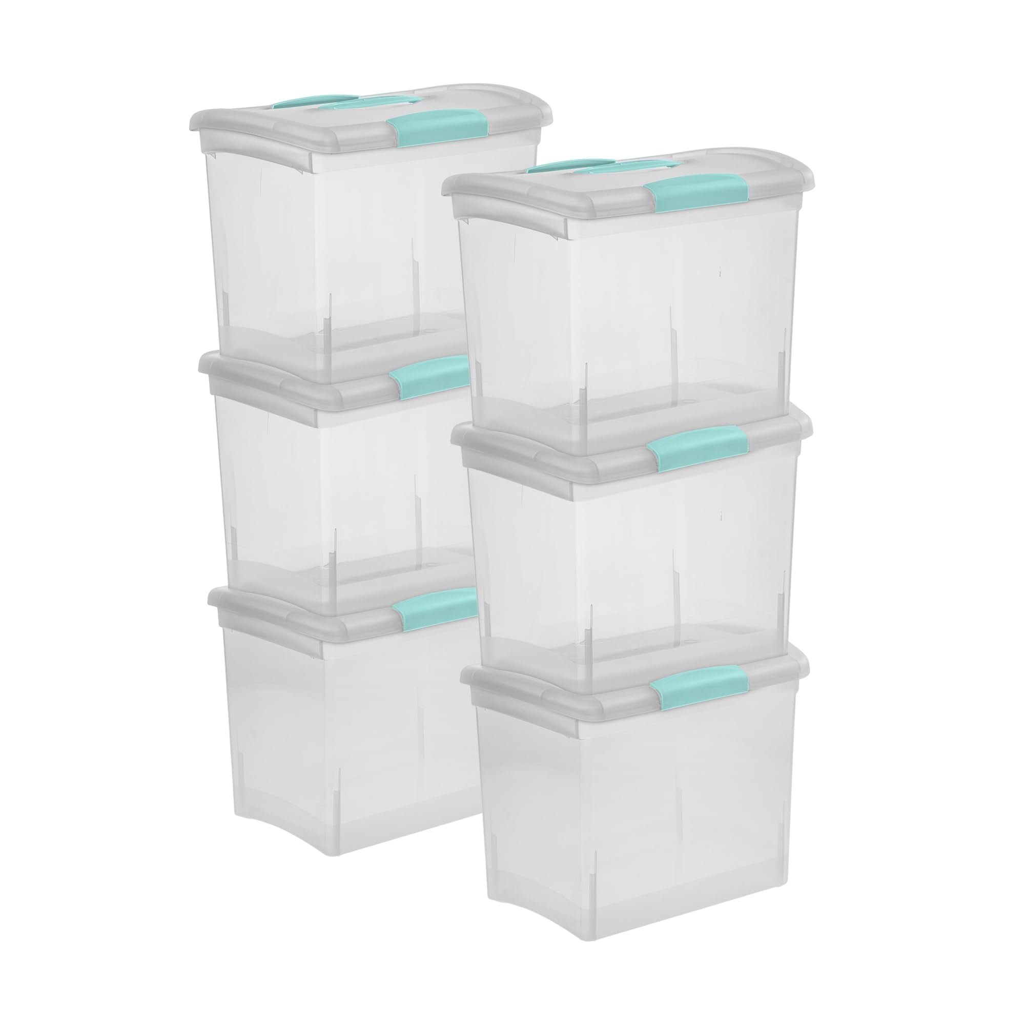 Sterilite ShowOffs 6 pack file boxes with clear base and lid for quick content identification.