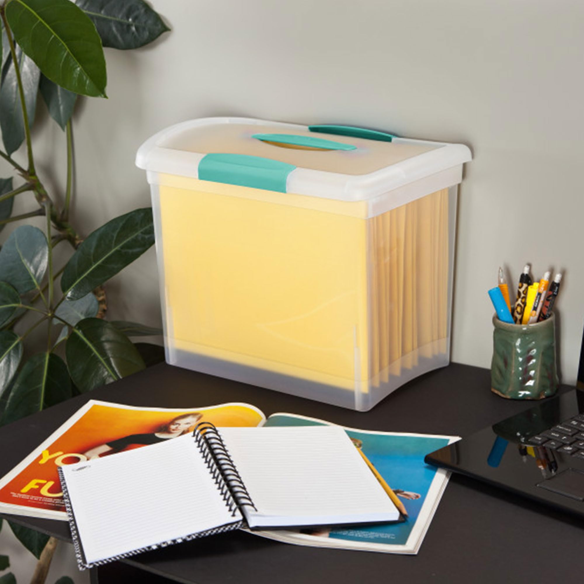 Sterilite ShowOffs stackable bins simplify home office organization.