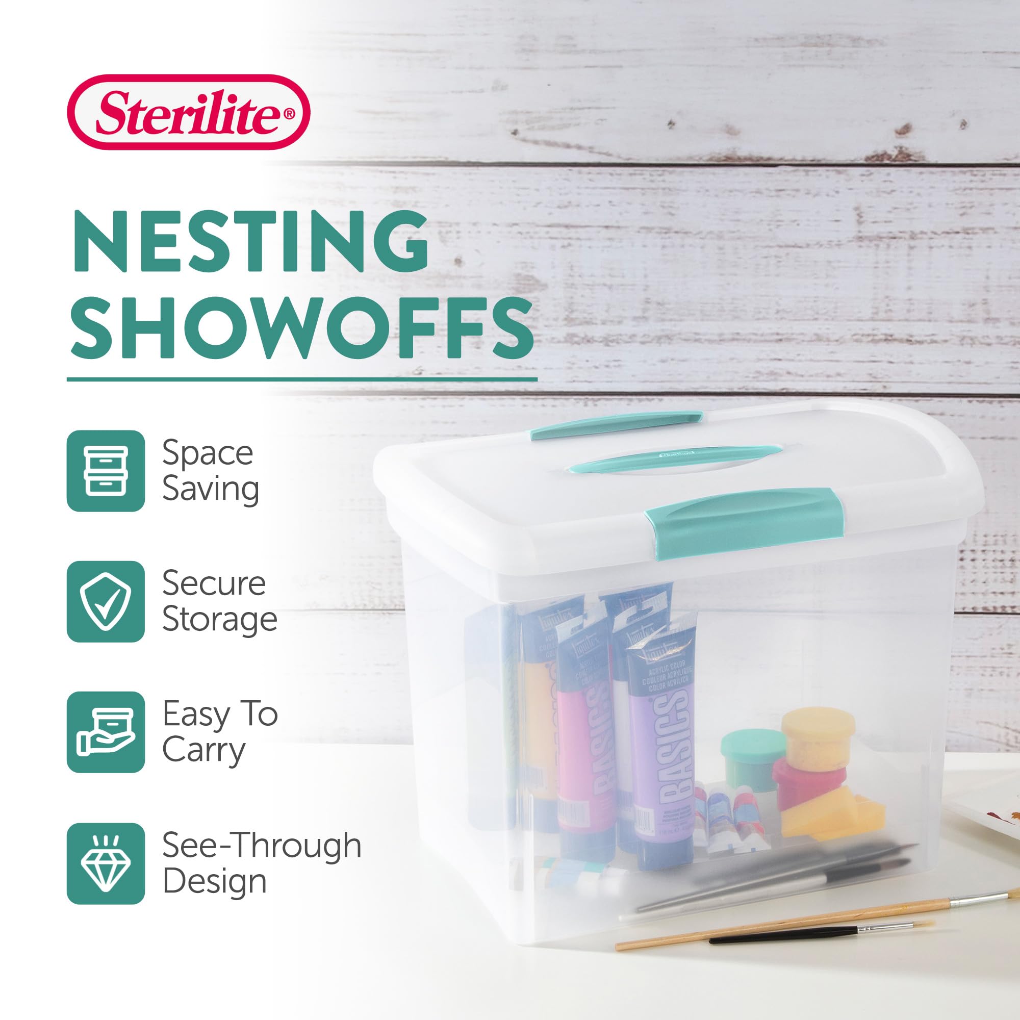 Sterilite ShowOffs portable handle enables easy one handed carrying.