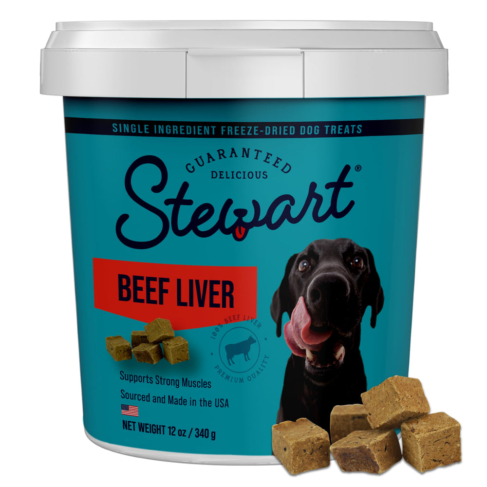 Stewart beef liver treat tub with resealable lid, ideal for training rewards.
