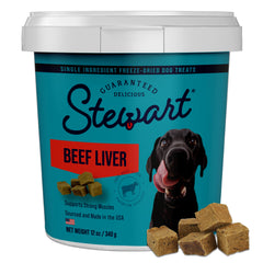 Stewart beef liver treat tub with resealable lid, ideal for training rewards.