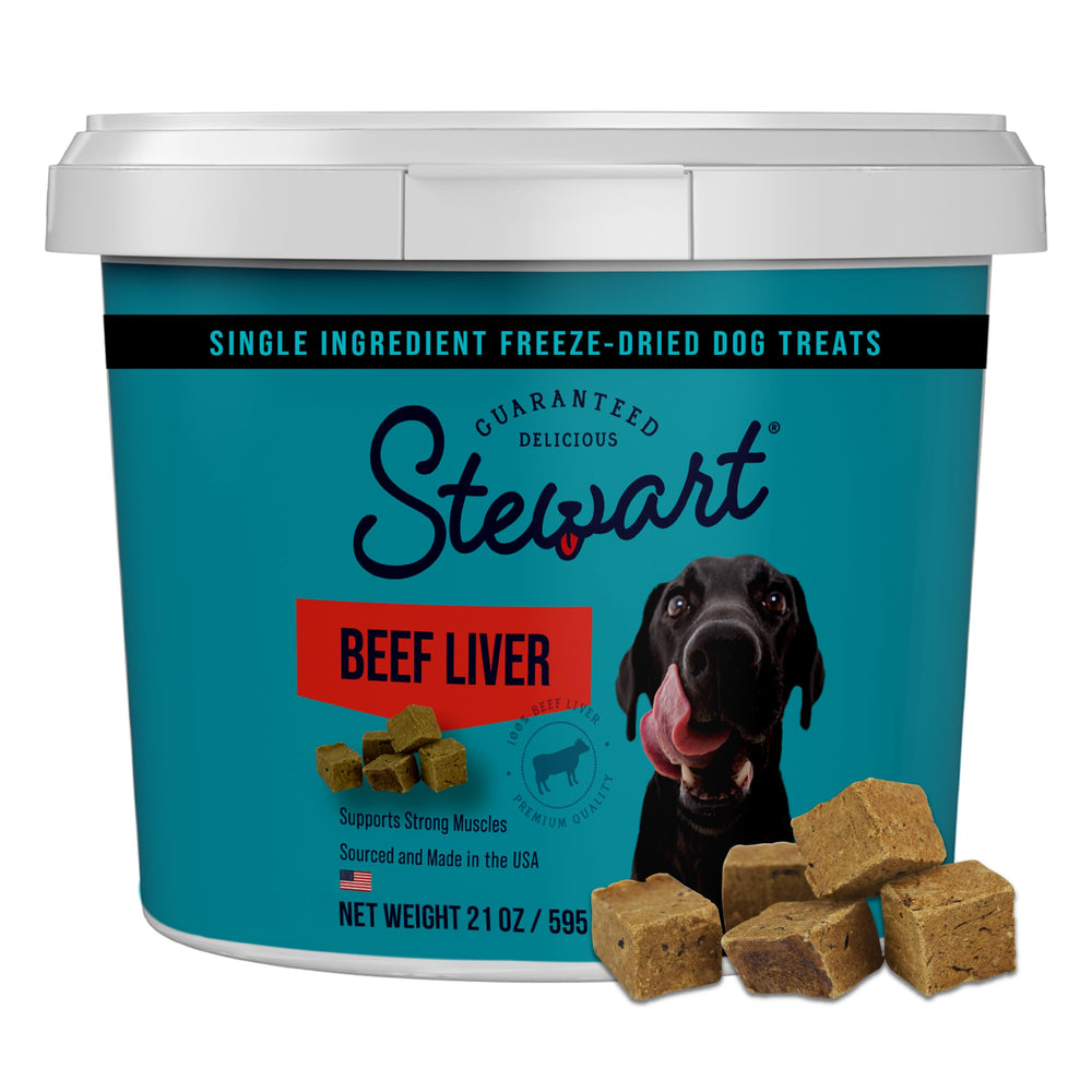 Stewart beef liver treats in a resealable tub for training rewards.