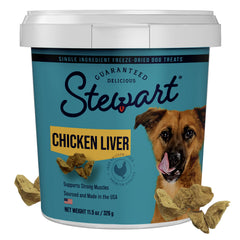 Stewart 100% chicken liver dog treats in tub close-up, ideal for training rewards