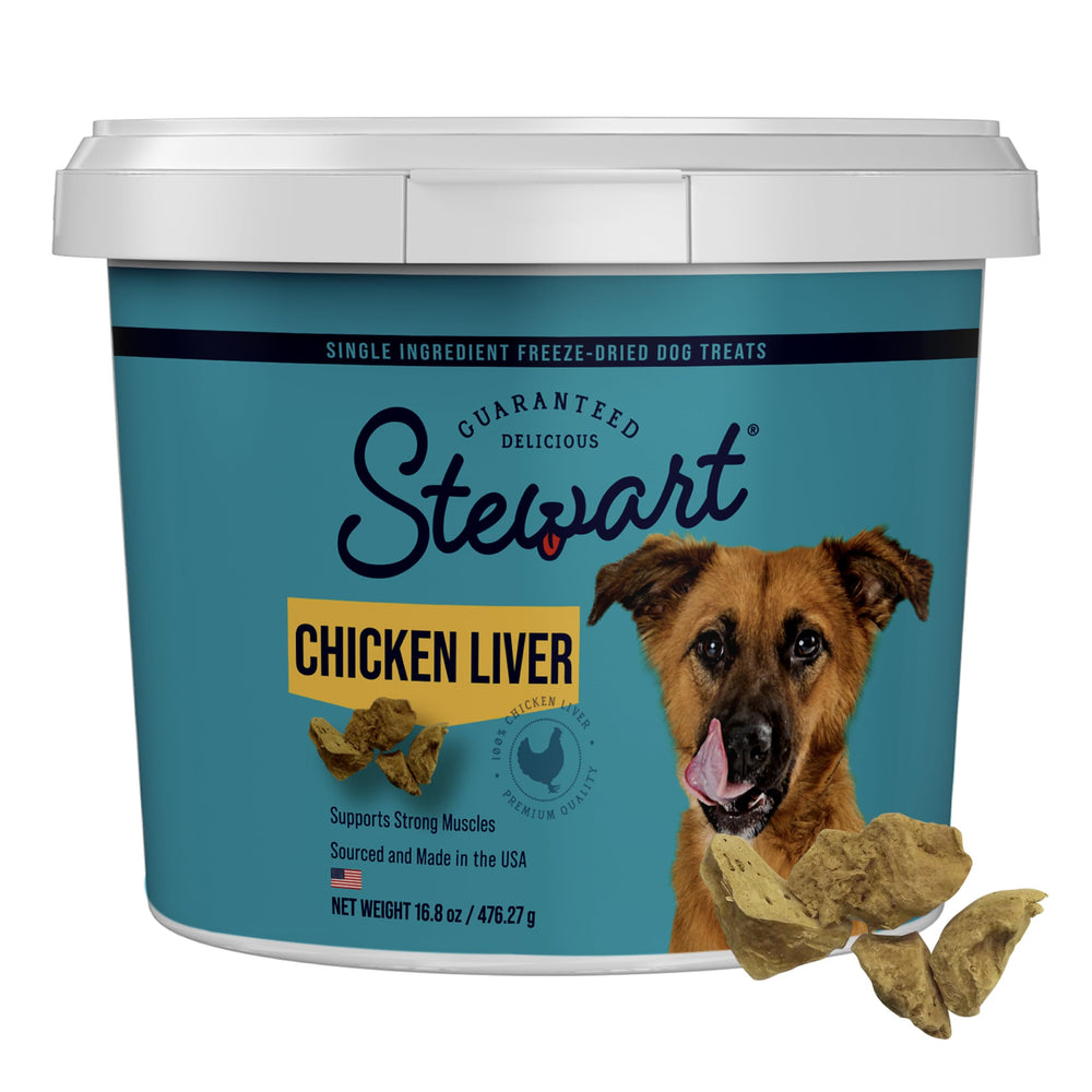 Stewart chicken liver treats tub offering crunchy rewards for dogs