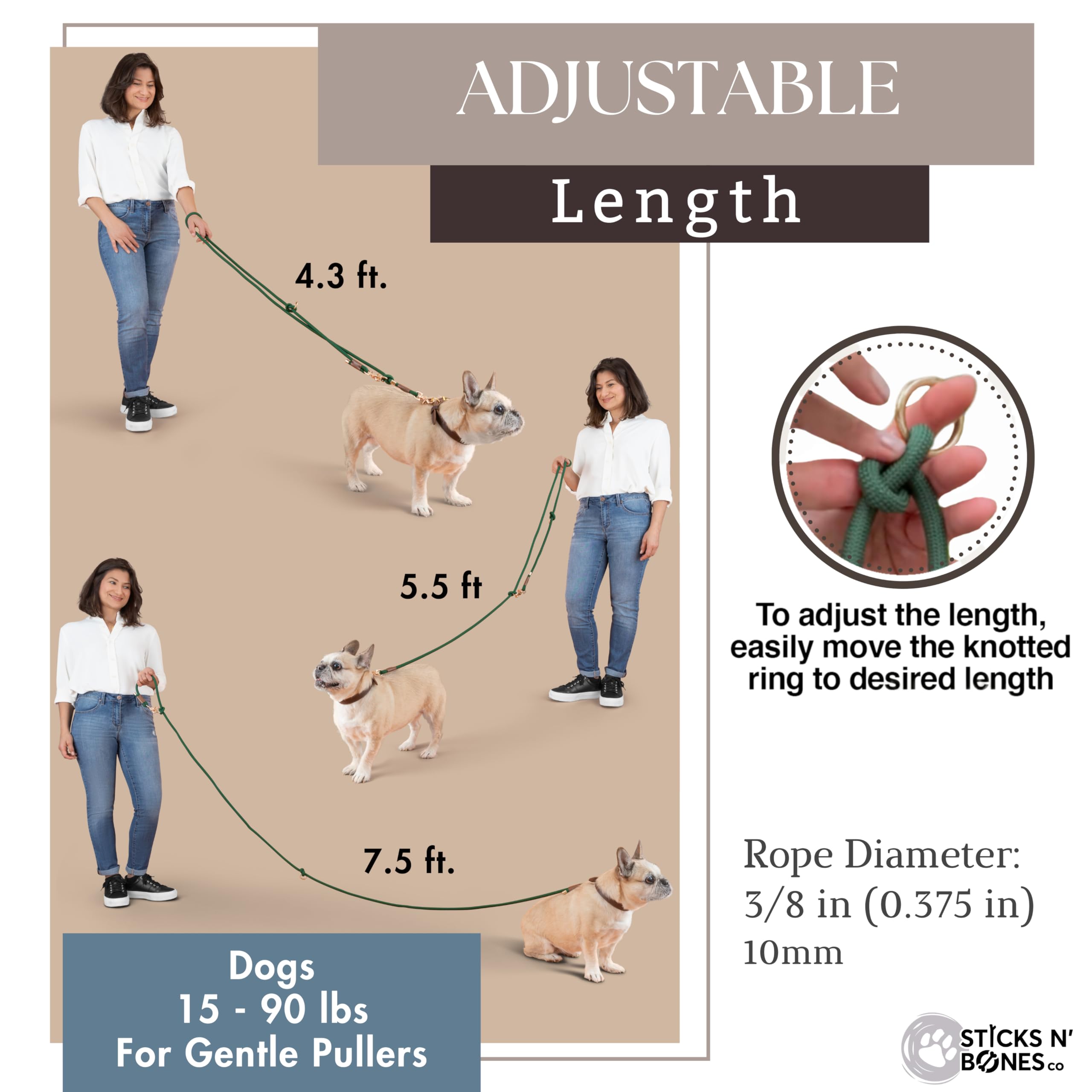 Sticks N' Bones Co adjustable leash from 4.3 to 7.5 feet