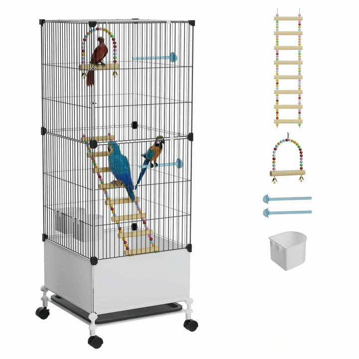 STILLCOVE medium flight bird cage on rolling stand for easy mobility.
