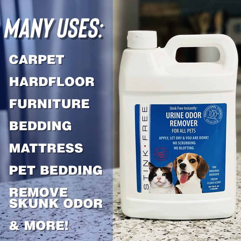 Stink Free gallon-pack labeling emphasizes professional-strength deodorizing power