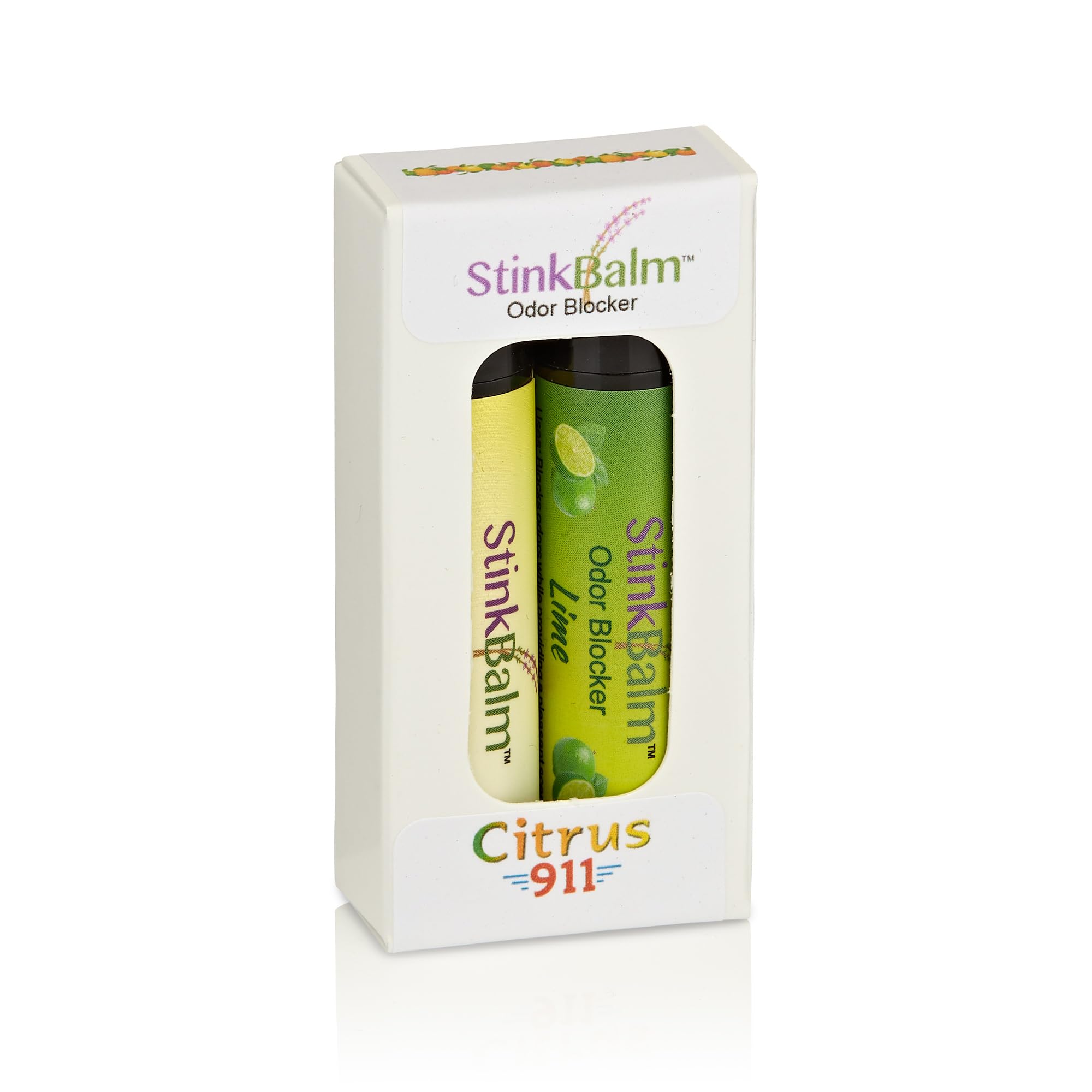 StinkBalm Citrus 911 bottle offers portable odor control for rooms, shoes, and bags.