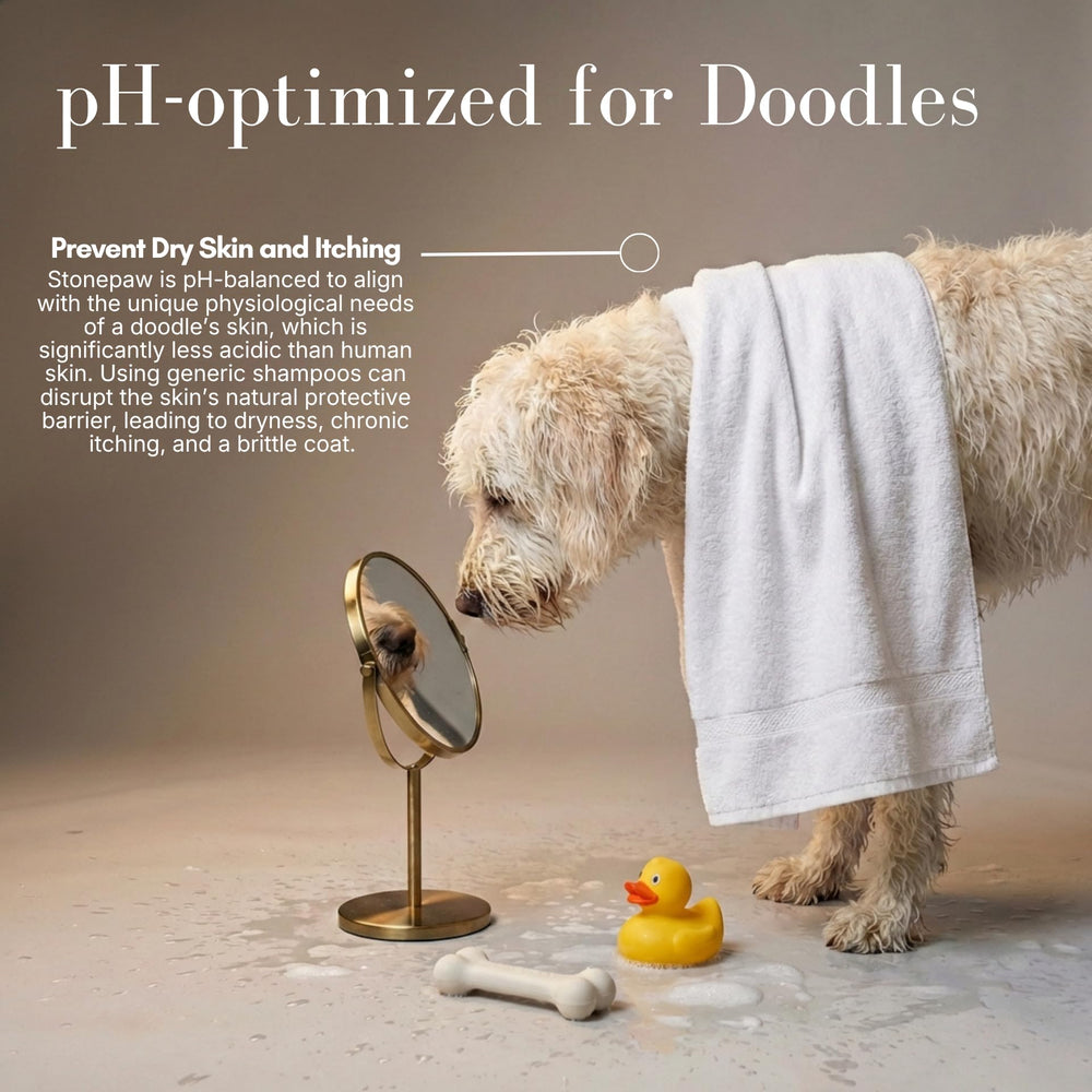 Stonepaw Doodle Shampoo detangling action on tangled doodle curls.