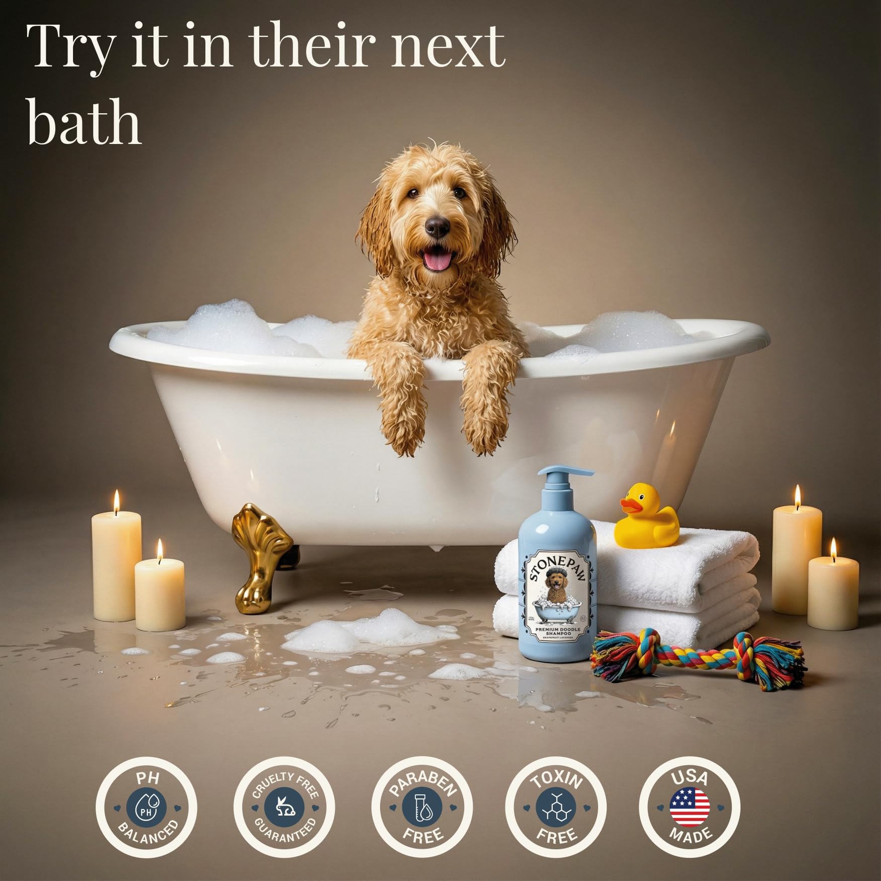 Stonepaw Doodle Shampoo grapefruit-lavender fragrance in bottle.