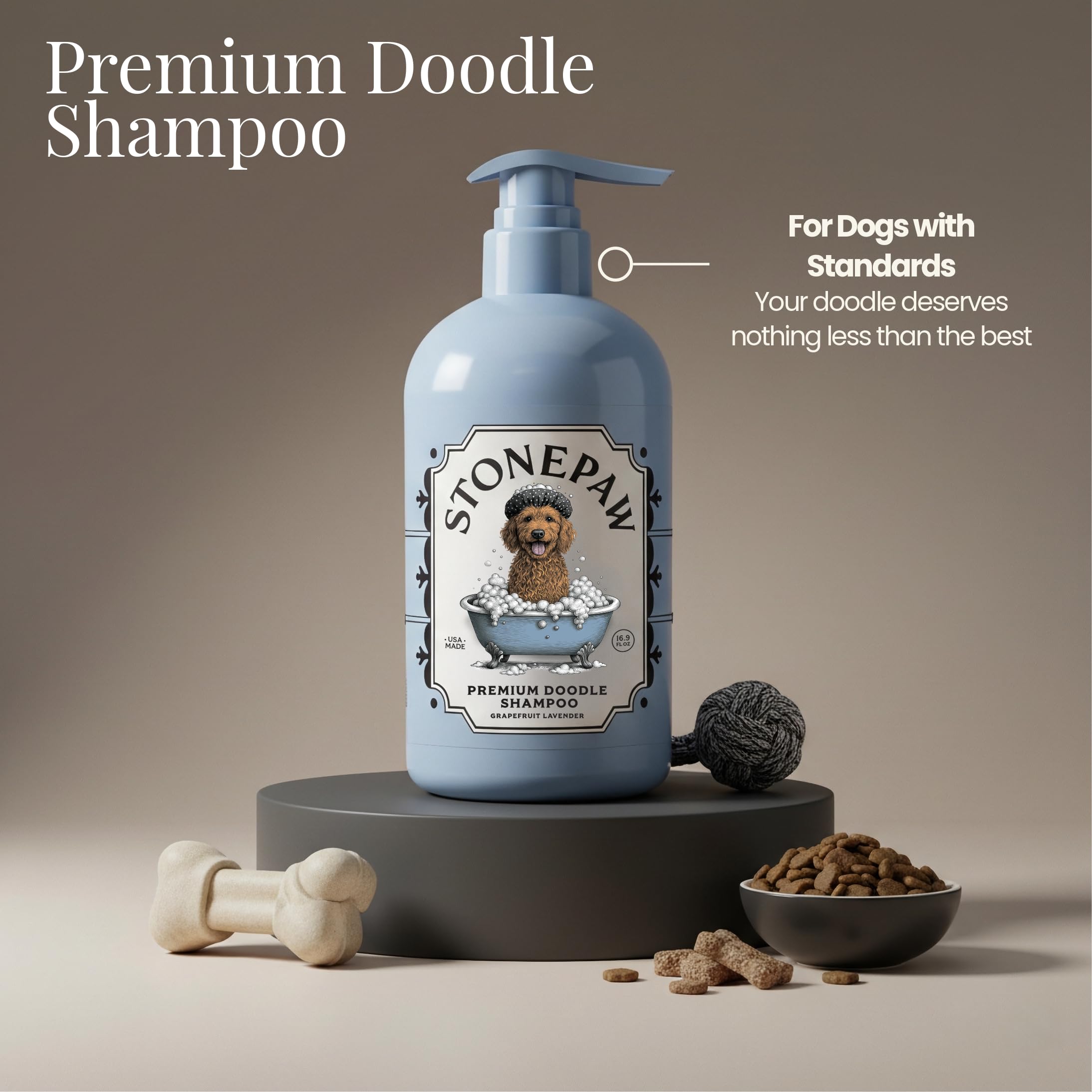 Stonepaw Doodle Shampoo label closeup, highlighting natural ingredients and gentle formula.