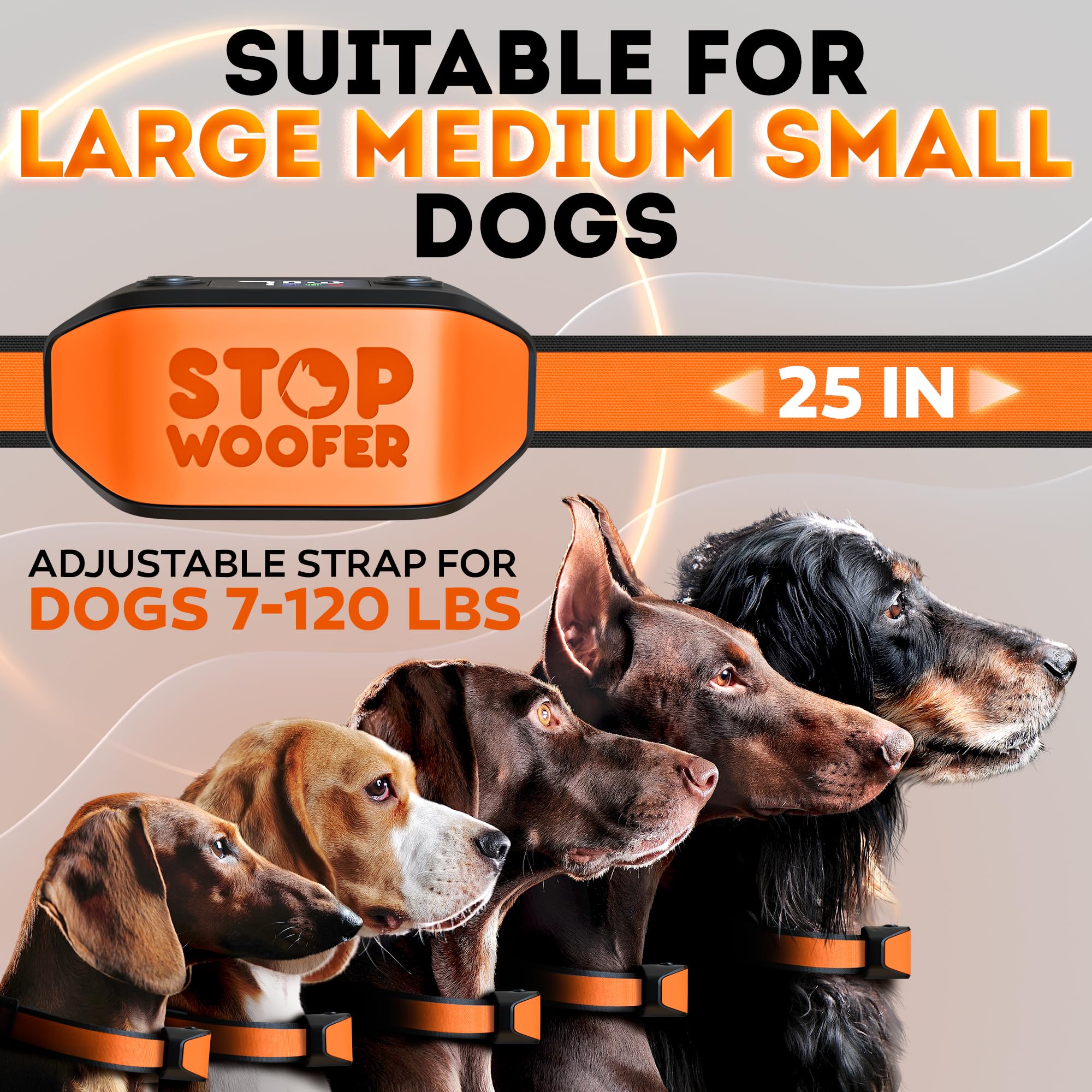 STOPWOOFER adjustable strap close-up showing secure fit for all sizes.