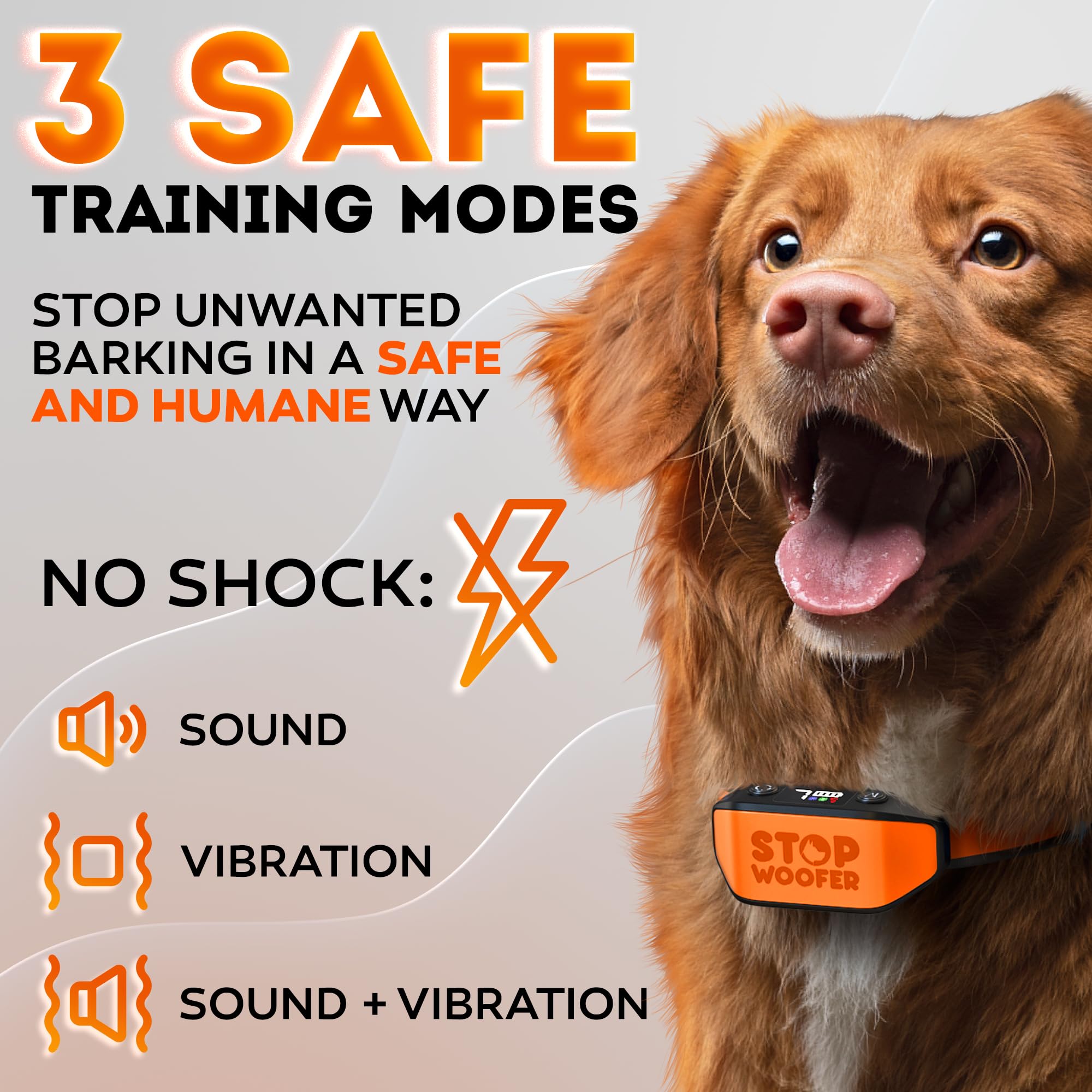 STOPWOOFER bark collar with smart sensor side view for precise cues.