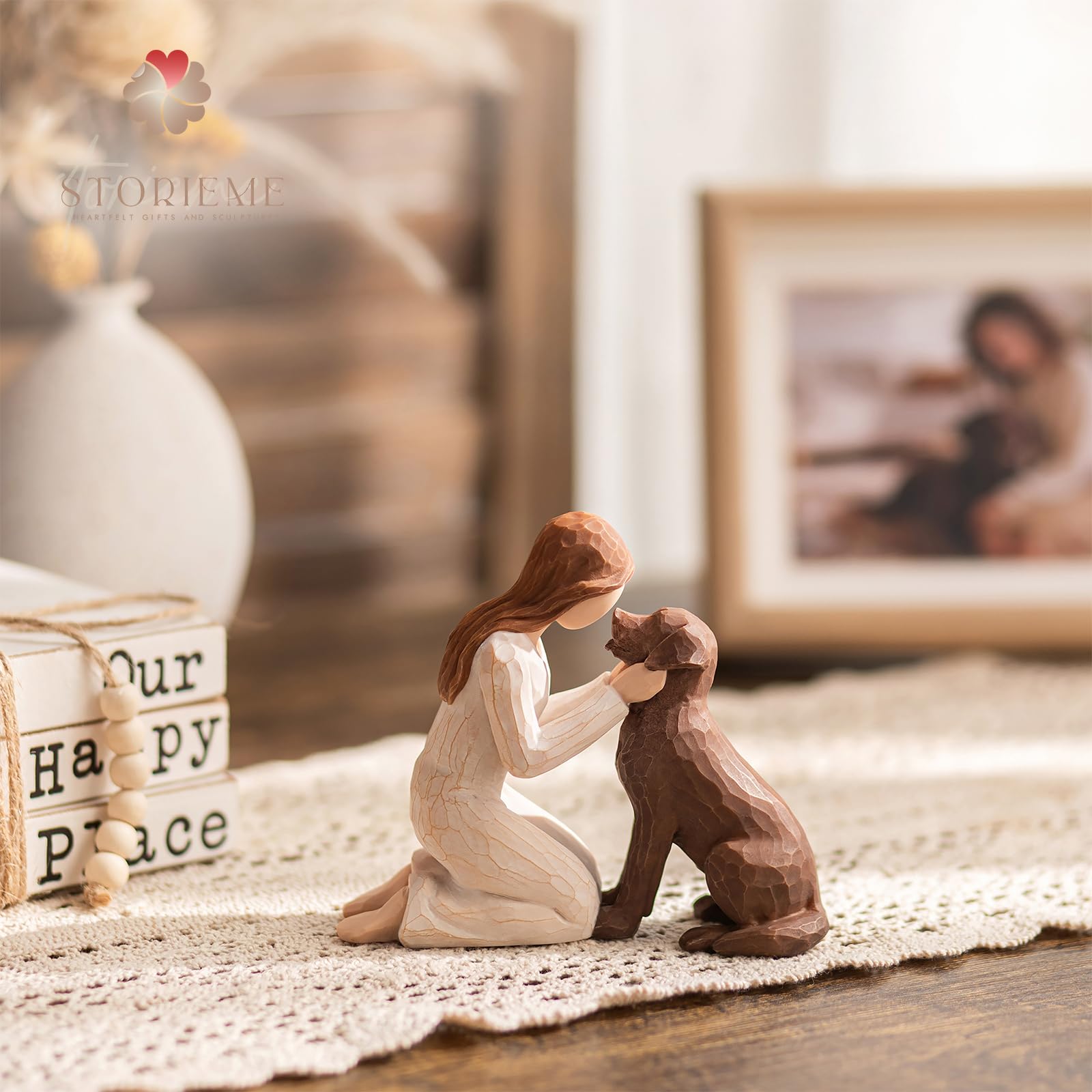 Storieme Labrador statue beside urn offers calm memorial display.