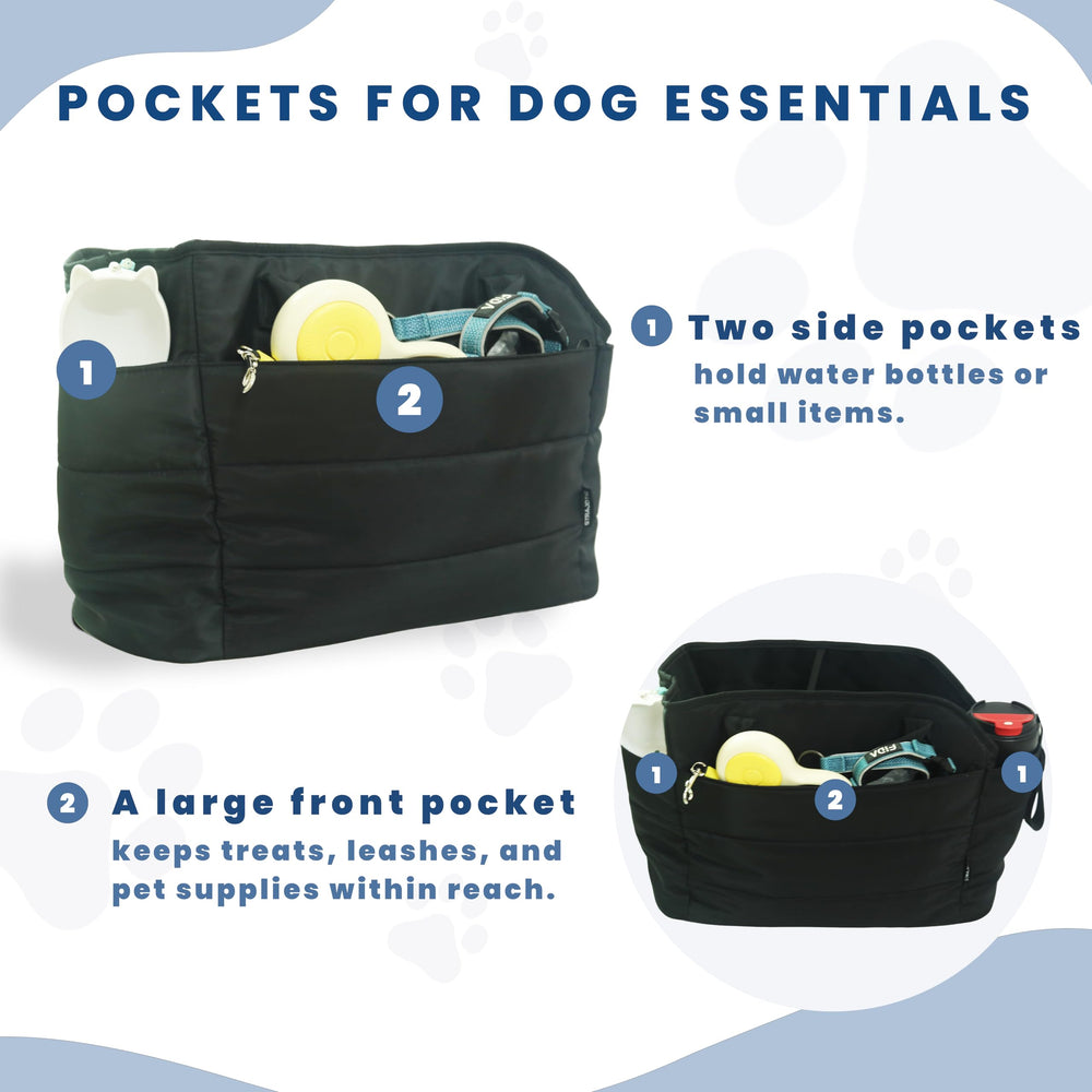 Straodtic front and side pockets organize treats, leashes, and essentials.