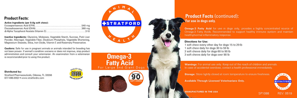 Stratford Omega-3 soft chews packaged for dogs, easy daily supplement for immune and mobility support