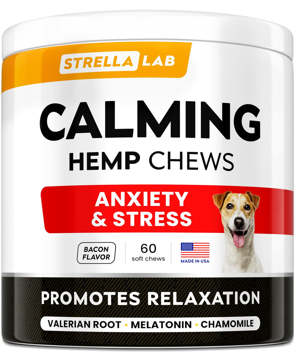 STRELLALAB Advanced Calming Chews bottle closeup for anxious dogs