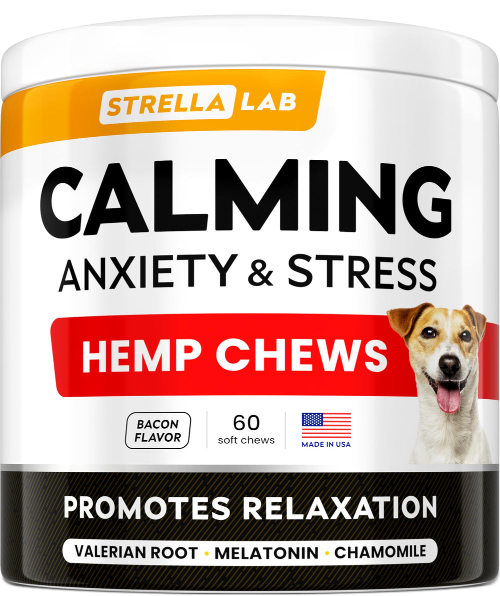 STRELLALAB Advanced Calming Chews bottle pour showing calming support during stressful events