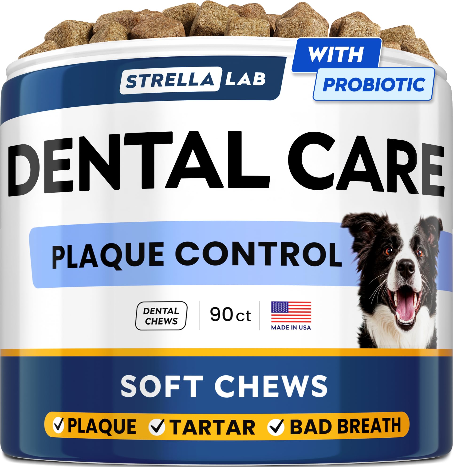STRELLALAB Advanced Dog Dental Chews bottle offers breath-freshening support.