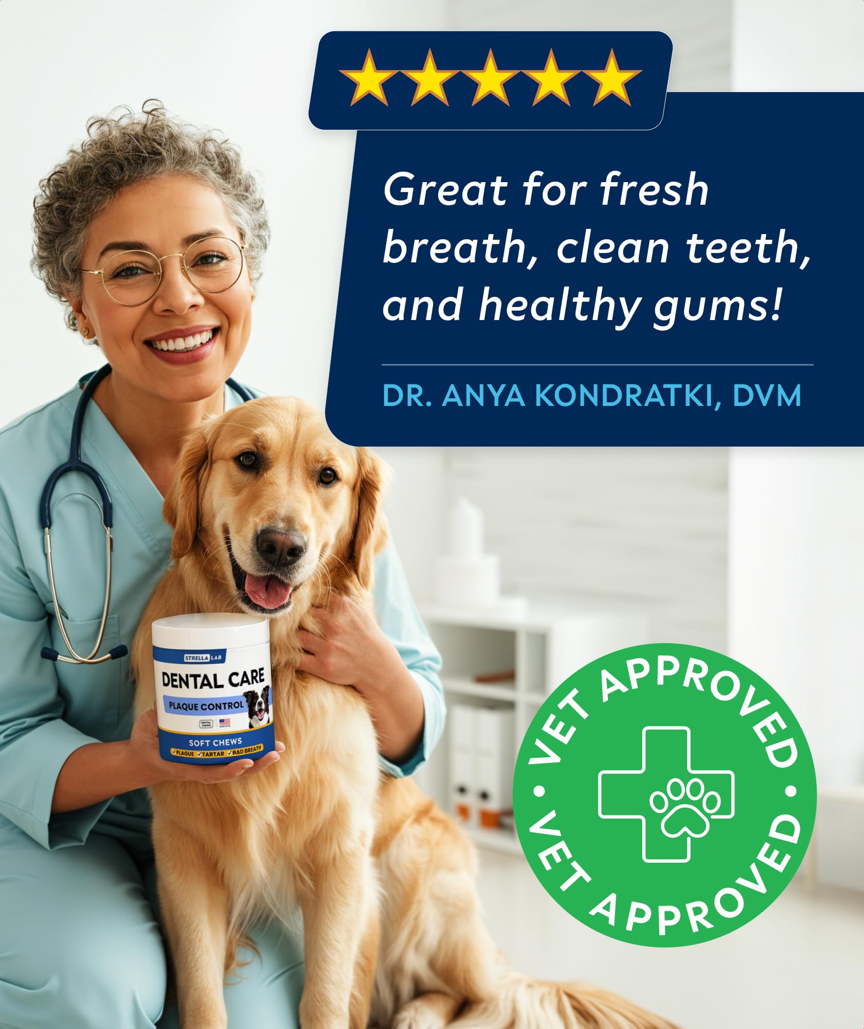 STRELLALAB chews shown with a happy dog after meals.