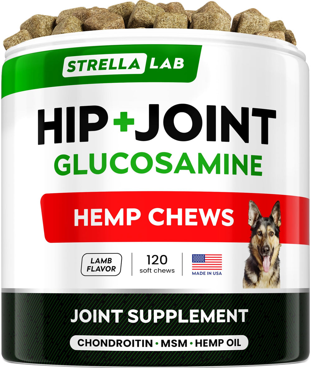 STRELLALAB Advanced dog joint treats bottle showing a hip-support focus for mobility