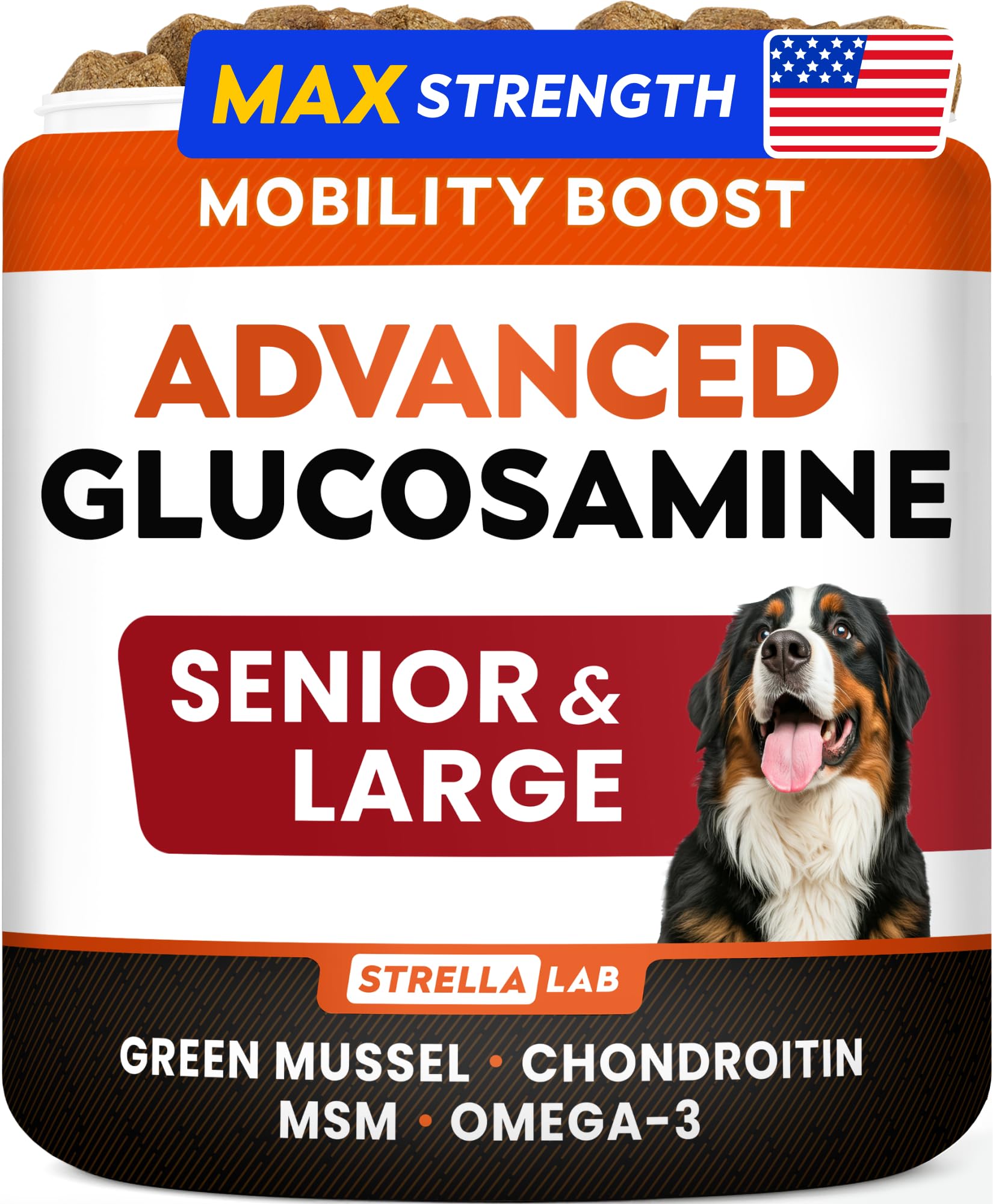 STRELLALAB Advanced Glucosamine hip joint chews in bottle to support senior dogs