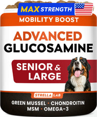 STRELLALAB Advanced Glucosamine hip joint chews in bottle to support senior dogs