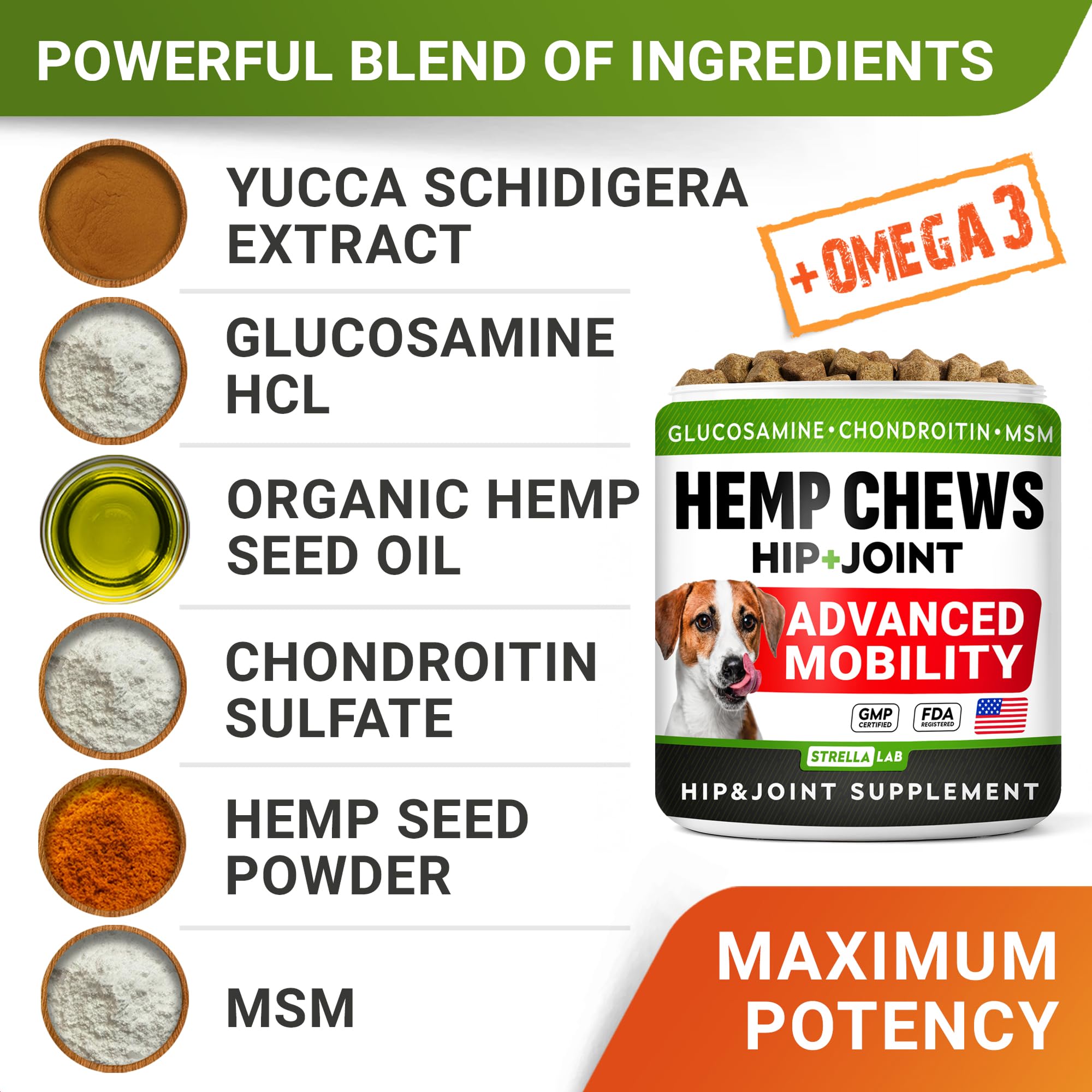 STRELLALAB hemp glucosamine chews closeup shows soft texture and lamb flavor.