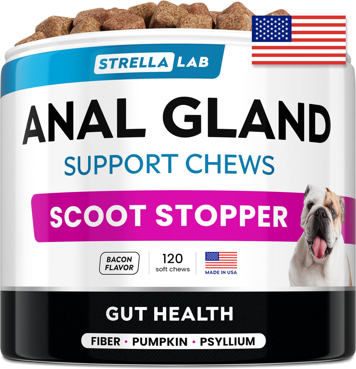 STRELLALAB Anal Gland Chews bottle on table, supports digestion and gut comfort.